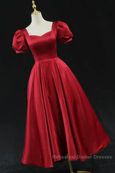 Wine Red Satin Bridesmaid Dress Party Dress, Tea Length Semi Formal Prom Dresses